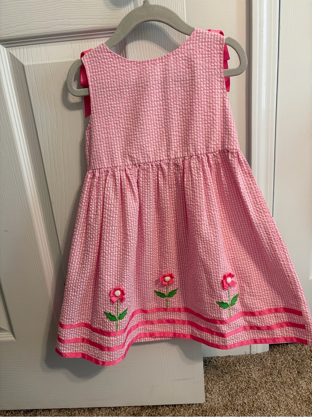 Girls' Pink Seersucker Floral Trim Dress